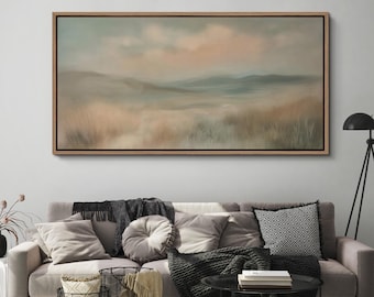 Large Framed Soft Pastel Landscape Wall Art, Neutral Meadow & Mountain Horizon Canvas Print, Serene Minimal Decor for Living Room