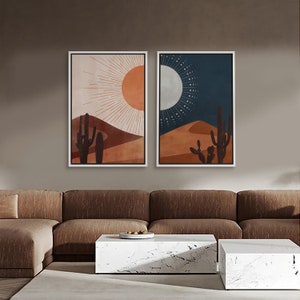 Framed Desert Sun and Moon Wall Art Set 2, Southwestern Cactus ...