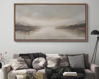 Large Framed Moody Neutral Landscape Wall Art, Minimal Fog Lake Horizon Canvas Print, Modern Calm Nature Decor for Living Room Bedroom