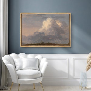 May include: A painting of a landscape with a large, fluffy white cloud in the sky. The sky is a light blue and the clouds are a soft gray. The landscape is a dark green and brown.