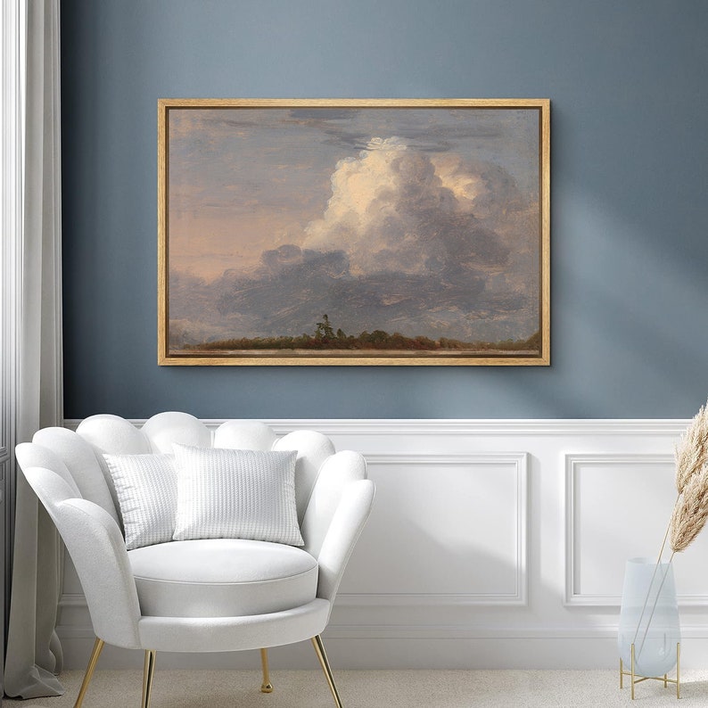 May include: A painting of a landscape with a large, fluffy white cloud in the sky. The sky is a light blue and the clouds are a soft gray. The landscape is a dark green and brown.