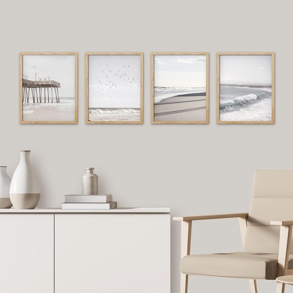 Set of 4 Framed Prints Wall Art Set, Ocean Beach Landscape Art Prints, Nature Photography Prints, Minimalist Modern Art, Coastal Home Decor