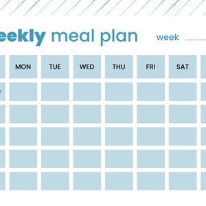 May include: A weekly meal planner with a light blue background and a white grid. The planner has columns for each day of the week, and rows for different meals, including breakfast, snack, lunch, dinner, and snack.