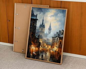Old Town Prauge Oil Painting on Canvas, Dark Academia Aesthetic, Gothic Art Decor, Victorian Architecture Art Poster for Home Decor
