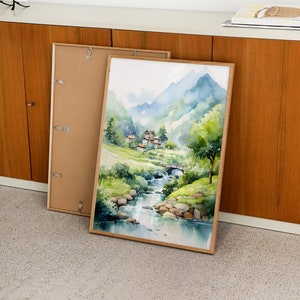 Flusstal, Aquarell Malerei Kunst, ruhiges Dorf Landschafts Kunstwerk, Creekside & grüne Landschaft Landschaft, Wanddruck
