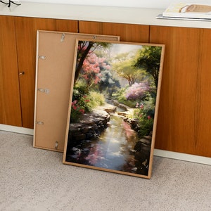 Hidden Oasis, Blossoming Garden Watercolor Painting, Sunlit River Creek Scenery Landscape Artwork, Nature Art Print for Home Wall Decor