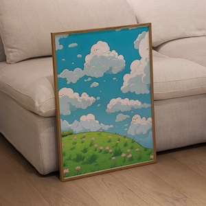Cloudy Hills Retro Cartoon Art Print, schattige anime poster, dromerige esthetische, kleurrijke afdrukbare poster, digitaal schilderen voor thuis wanddecoratie