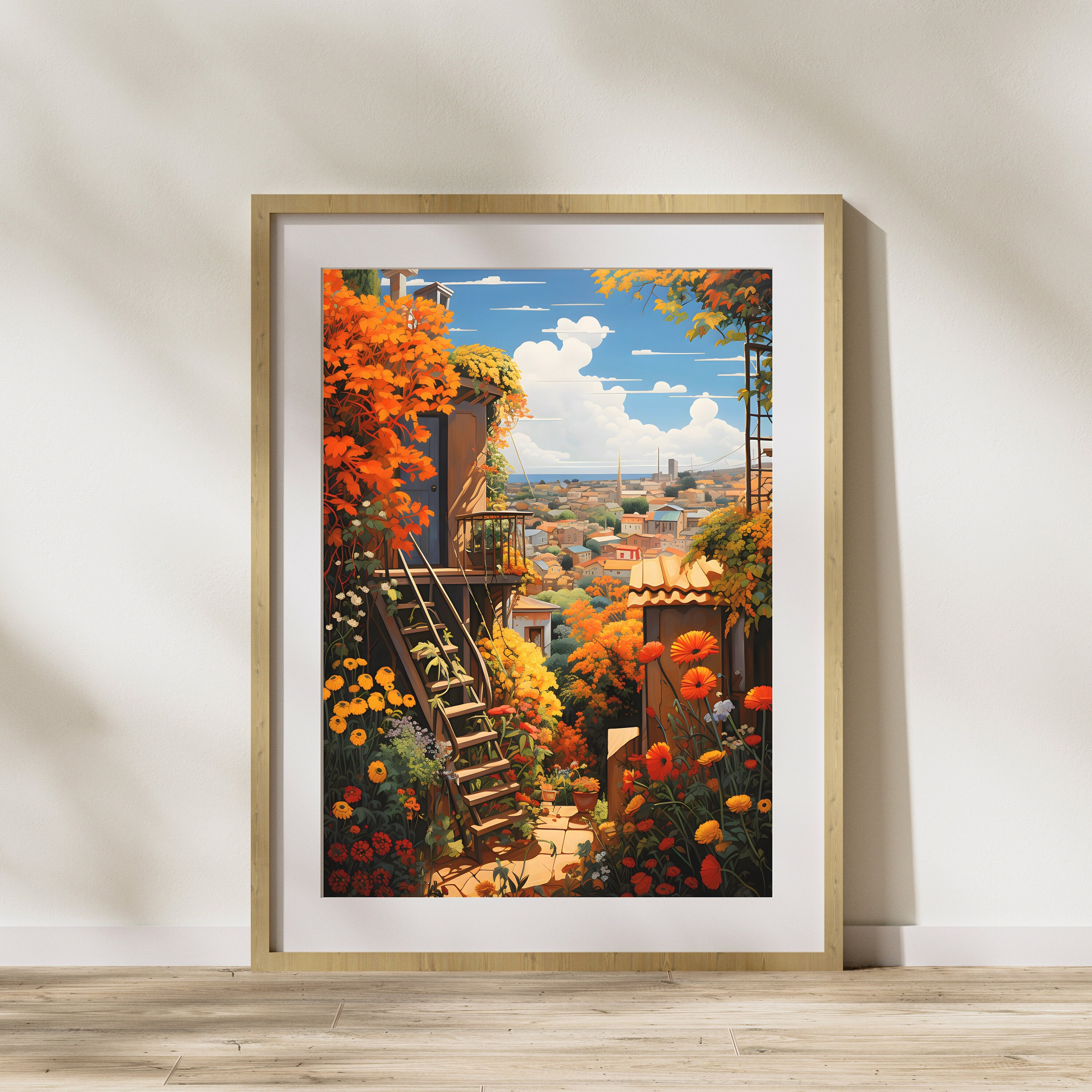 Rooftop Garden, Urban Scenery Acrylic Painting, Floral & Botanical Garden Printable Artwork, Vibrant Cityscape Poster for Home Wall Decor