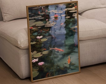 Pond Realism Painting Art Print, Koi pond with Lily-pads & Lotuses Painting Poster, Digital Download Art for Gifts / Home Wall Decor