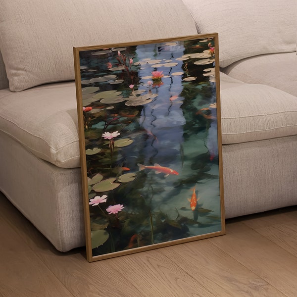 Pond Realism Painting Art Print, Koi pond with Lily-pads & Lotuses Painting Poster, Digital Download Art for Gifts / Home Wall Decor