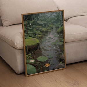 Rain Drops Studio Ghibli inspirado cartel impresión, estética anime acogedora y vintage, arte descargable de paisajes lluviosos, obras de arte para la decoración de la pared del hogar