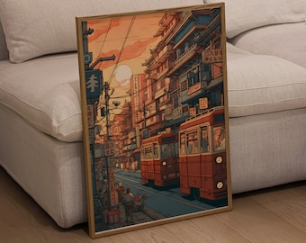 Kyoto Trains at Sunset | Vintage-Modern Japanese Art, Printable Digital Japanese Art Poster for Home Decor