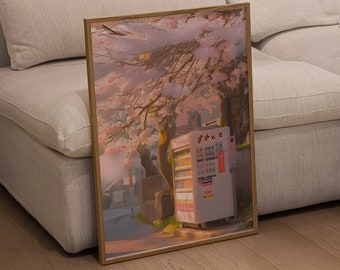 Cherry Blossom Vending Machine Anime Inspired Art Print, Digital Painting Poster, Japanese Sakura Tree, Printable Wall Art for Home Decor