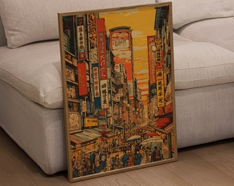Dotonbori Streets | Japanese Woodblock Print Artwork, Osaka-Japan Art Poster for Home Wall Decor