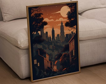 Sleepy City | Cityscape Vintage-Contemporary Printable Poster Art for Home Decor, Warm Toned City Scenery Art