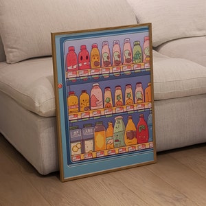 Impresión de arte de máquina expendedora retro, cartel de bocadillos asiáticos/japoneses, estética de dibujos animados anime, cartel de comida lindo y colorido, decoración de arte de pared de moda