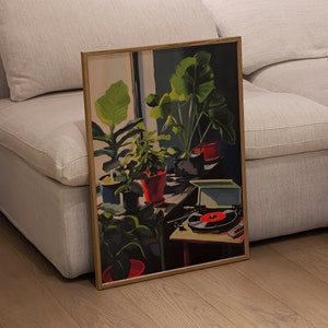 Vinyl & Plants Oil Pastel Painting Art Print, Retro Aesthetic Poster, Music and Plants Indie Home Decor, Contemporary Minimalism Wall Art