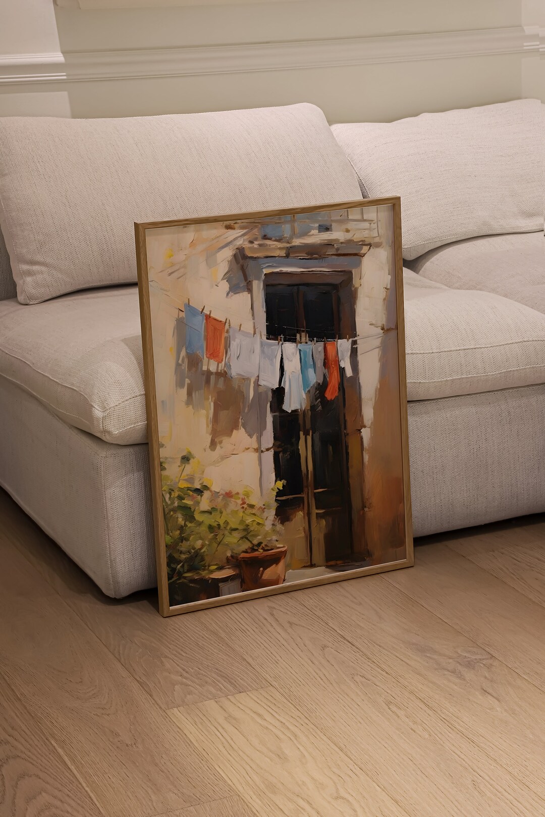 Drying Clothes Oil Painting Art Print, Cozy & Minimalist Printable Poster, Comfy Scenery