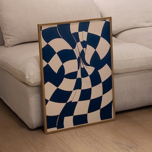 Abstract Checkered Art Print, Blue Geometric Checkered Pattern, Retro Aesthetic Poster, Modern Contemporary Artwork, Printable Art for Decor