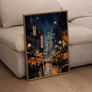 Tokyo Night Market, Japanese City Markets Scenery Artwork, Urban Colorful Cityscape, Mixed Media on Paper Art Print for Home Wall Decor