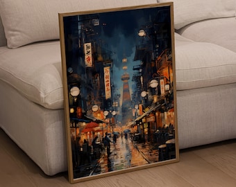 Tokyo Night Market, Japanese City Markets Scenery Artwork, Urban Colorful Cityscape, Mixed Media on Paper Art Print for Home Wall Decor