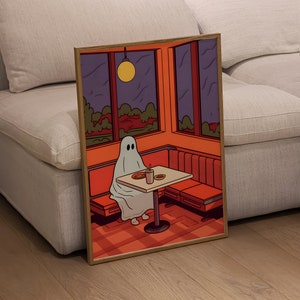 Einsames Gespenst Retro Art Print, trendiges Halloween Poster, niedliches Gespenst im Restaurant, minimalistische Cartoon Ästhetik, druckbare Kunst für Wohnkultur