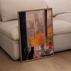 Apartment View The New Yorker Inspired Art Print, Pop Magazine Styled Poster, Cityscape and Cute Cat Art, Colorful Wall Art for Home Decor