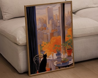 Apartment View The New Yorker Inspired Art Print, Pop Magazine Styled Poster, Cityscape and Cute Cat Art, Colorful Wall Art for Home Decor