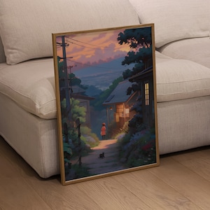 Sunset Village Studio Ghibli Inspired Art Print, Digital Painting Anime Poster, Comfy Pastel Toned Artwork, Printable Art for Home Decor