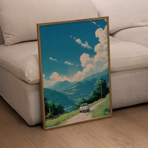 Retro Road Trip Studio Ghibli inspirado en impresión de arte, pintura digital en acuarela, cartel de anime colorido, arte del paisaje de la carretera para la decoración del hogar