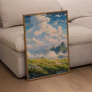Serene Grassland Studio Ghibli inspirado en arte, anime acuarela imprimible arte descargar para decoración de la pared del hogar, paisaje de paisaje azul y verde