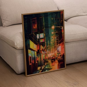 Neo China Town Cityscape Art Print, Watercolor Painting, Cyberpunk Aesthetic Poster, Retro City Wall Art, Art Print for Home Decor & Gifts