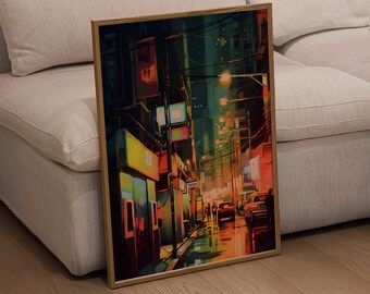 Neo China Town Cityscape Art Print, Watercolor Painting, Cyberpunk Aesthetic Poster, Retro City Wall Art, Art Print for Home Decor & Gifts