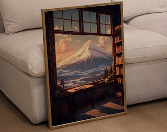 Mount Fuji Views, Cozy Aesthetic Art, Japanese Anime Inspired Art Poster, Digital Watercolor Printable Art, Landscape Wall Decor for Home