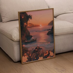 Sunset Cove, Dreamy Watercolor Art Print, Gouache Painting Beach Poster, Pastel Pink Toned Art Decor, Coastline Art for Home Decor & Gifts