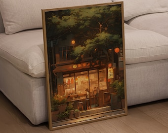 Gezellige Cafe Studio Ghibli Film Geïnspireerd Warme Toned Art Print, Digitale Schilderkunst aan de muur voor Home Decor
