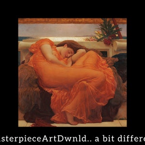 May include: A woman in a flowing orange robe sleeps on a stone bench. The robe drapes over her body in soft folds, creating a sense of peace and tranquility. The background features a glimpse of a blue sky and a lush green plant.