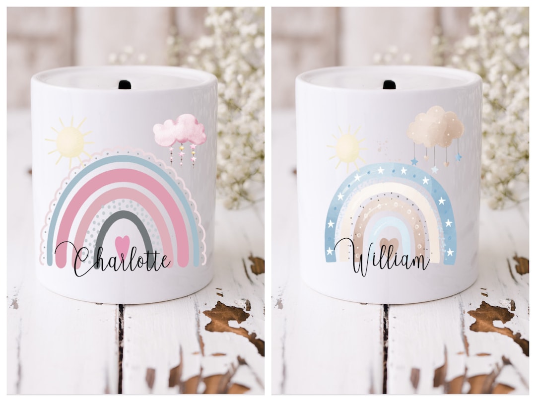 Personalised Baby's First Money Box Boho Rainbow Ceramic Savings Pot