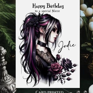 Gothic Birthday Card Goth Girl Personalised Glossy Card & Envelope - Choose Size