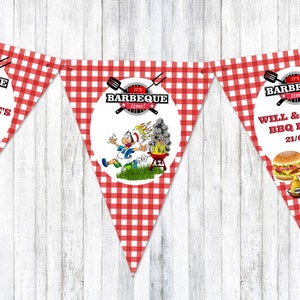 May include: Red and white gingham triangle banner with the text "It's Barbeque time!" and "Will & Jane's BBQ Party 21/07/19". The banner features a cartoon illustration of a person running away from a barbecue grill with flames.