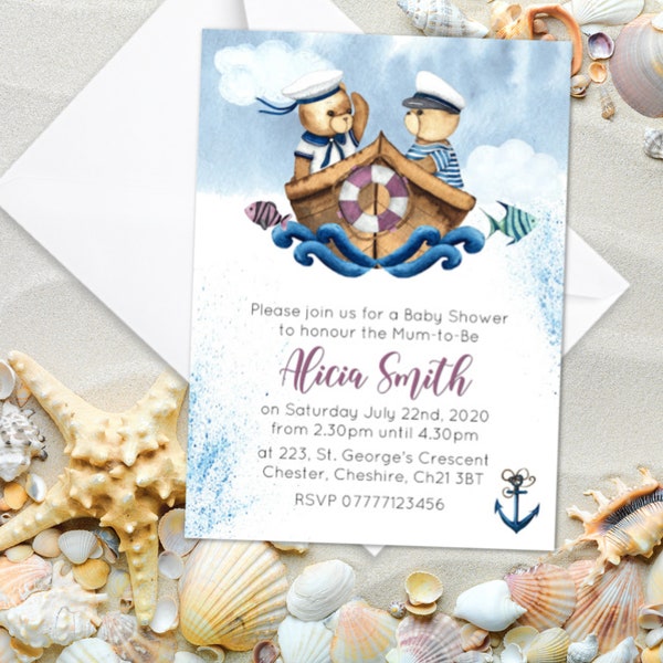 4 Personalised Nautical Little Sailor Teddy Baby Shower Invitations & Envelopes