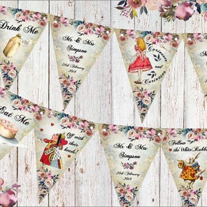 Personalised Alice in Wonderland Peony Floral Bunting/Banner for Any Occasion