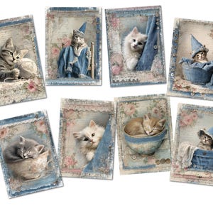 8 decorazioni per biglietti di auguri con gatti e gattini in denim e pizzo shabby chic