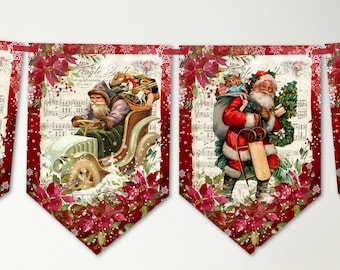 Christmas Bunting Holidays Vintage Victorian Santa Banner Bunting Decoration