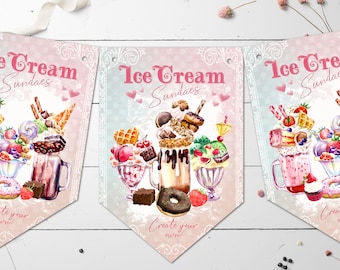 May include: Three pink and white banners with the text "Ice Cream Sundaes" and a watercolor illustration of ice cream sundaes. The text "Create your own!" is at the bottom of each banner.