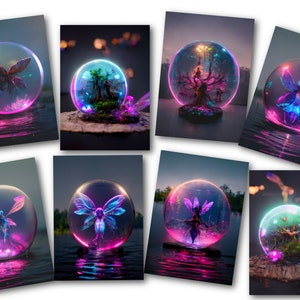 May include: A collection of eight images featuring glowing orbs with various scenes inside. Each orb is surrounded by a shimmering, iridescent light. The scenes include a butterfly, a tree, and a fairy.