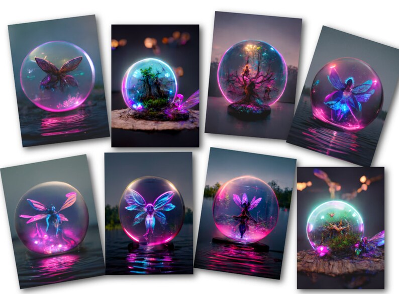 May include: A collection of eight images featuring glowing orbs with various scenes inside. Each orb is surrounded by a shimmering, iridescent light. The scenes include a butterfly, a tree, and a fairy.