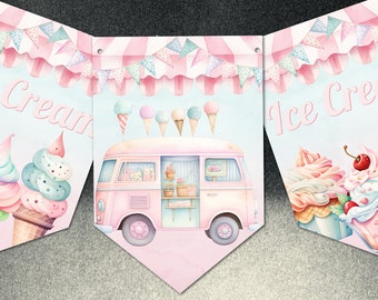 May include: Three pink and blue pennant banners with the text "Ice Cream" on each. The middle banner features a pink ice cream truck with a window showing ice cream cones and other treats. The banners are decorated with pink and blue stripes and a string of colorful flags.