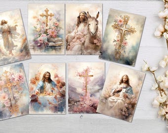 May include: Set of 8 religious themed cards featuring watercolor illustrations of Jesus, crosses, and flowers. The cards are printed on high-quality cardstock and are perfect for sending a message of faith and hope.