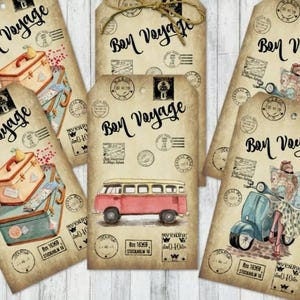Set of 6 'Bon Voyage' Travel Vintage Luggage Style Tags & String